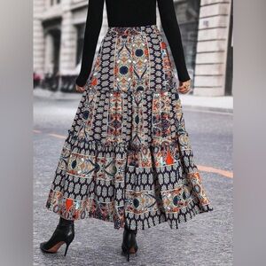 Boho Geo Print Ruffle Hem Skirt